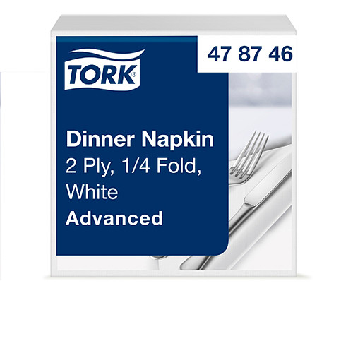 478746 Tork White Dinner Napkin, 4-fold, 2ply, 150nap x12
