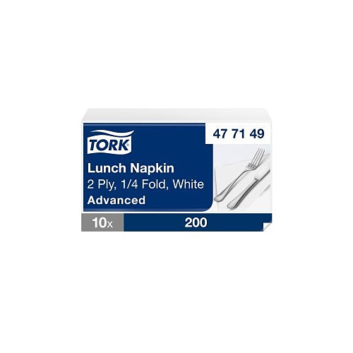 477149 Tork White Lunch Napkin, 4-fold, 2ply, 200nap x10