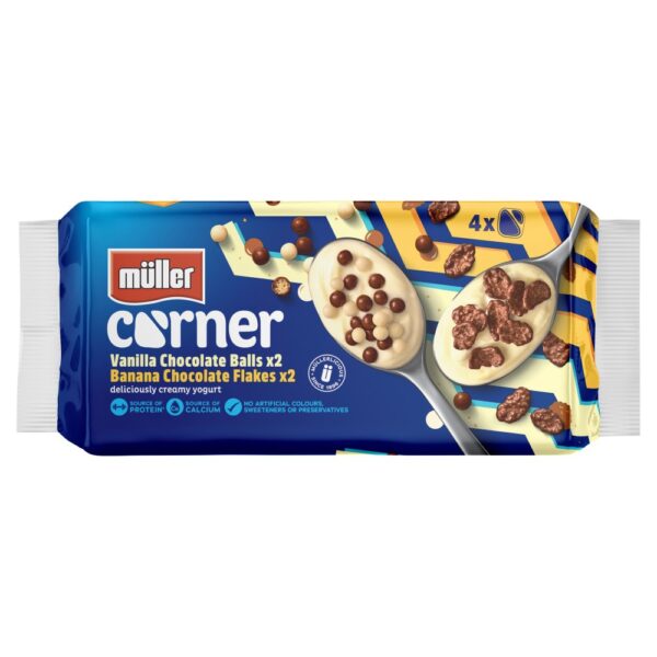 Müller Corner Vanilla Chocolate Balls and Banana Chocolate Flakes Yogurts