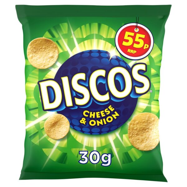 Discos Cheese & Onion Crisps 30g, 55p PMP