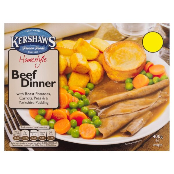 Kershaws Homestyle Beef Dinner with Roast Potatoes, Carrots, Peas & a Yorkshire Pudding 400g