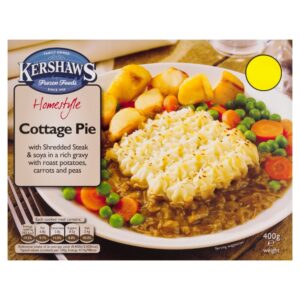 Kershaws Homestyle Cottage Pie with Shredded Steak & Soya in a rich Gravy with Roast Potatoes, Carro