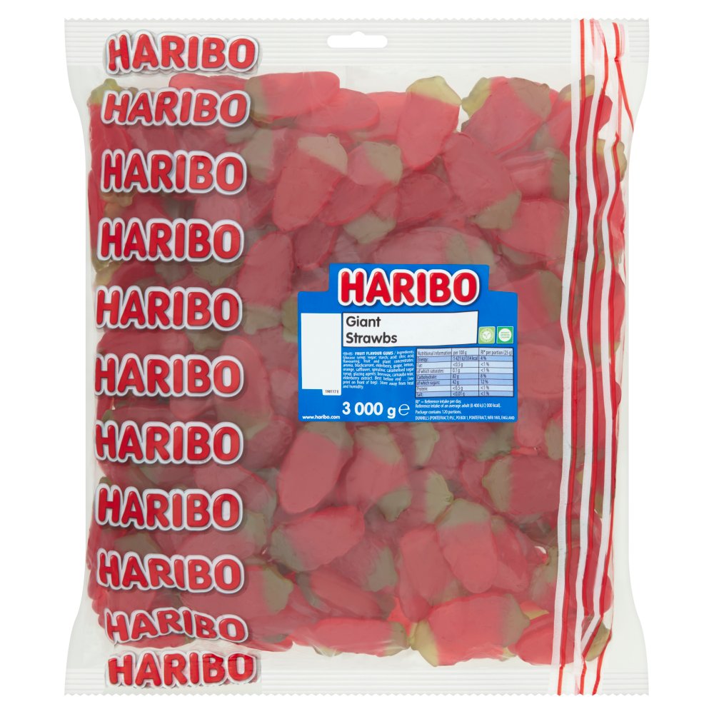 HARIBO Giant Strawbs Strawberry Flavour Chewy Jelly Sweets Bulk Bag 3kg