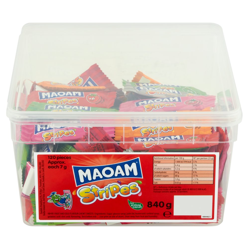 MAOAM Stripes Fruit & Cola Flavour Chewy Sweets Tub 840g