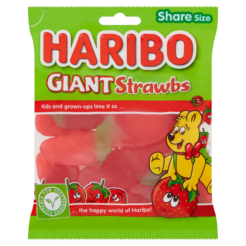 HARIBO Giant Strawbs Strawberry Flavour Chewy Jelly Sweets Sharing Bag 160g