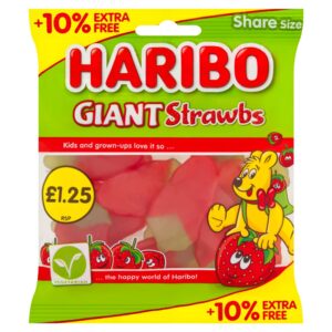 HARIBO Giant Strawbs Strawberry Flavour Chewy Jelly Sweets Sharing Bag 154g