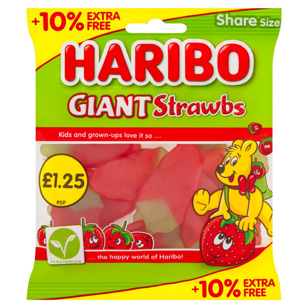 HARIBO Giant Strawbs Strawberry Flavour Chewy Jelly Sweets Sharing Bag 154g