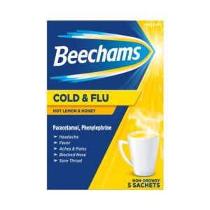 Beechams Hot Drink Sachets, Cold & Flu Relief with Paracetamol, Lemon & Honey flavour, 5s