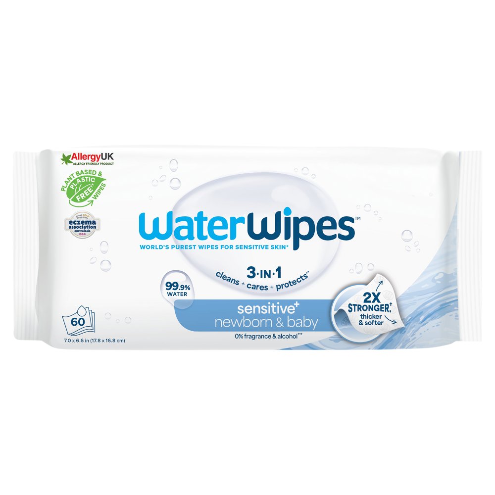 WaterWipes Sensitive+ Newborn & Baby Wipes, 3-In-1 Cleans, Cares, Protects, 99.9% Water, Unscented, 60 Count