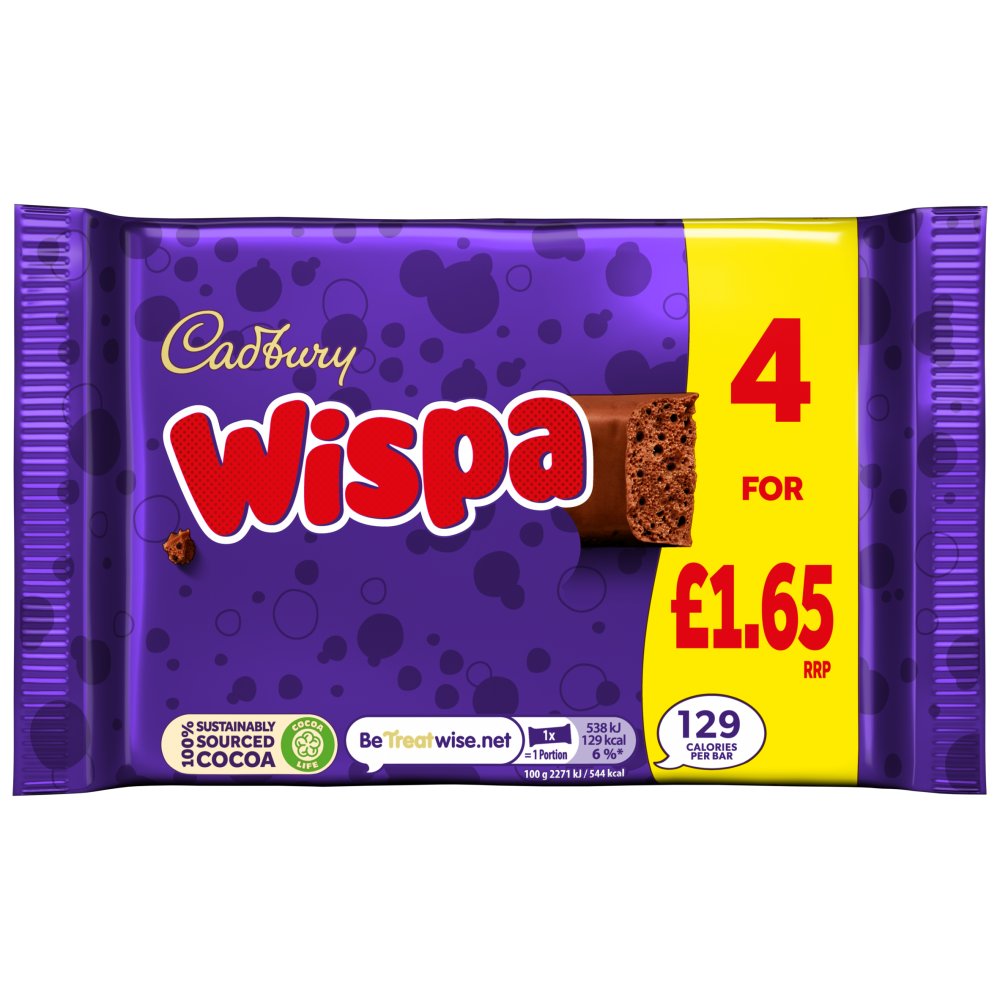 Cadbury Wispa Chocolate Bar 4 Pack Multipack £1.65 PMP 94.8g