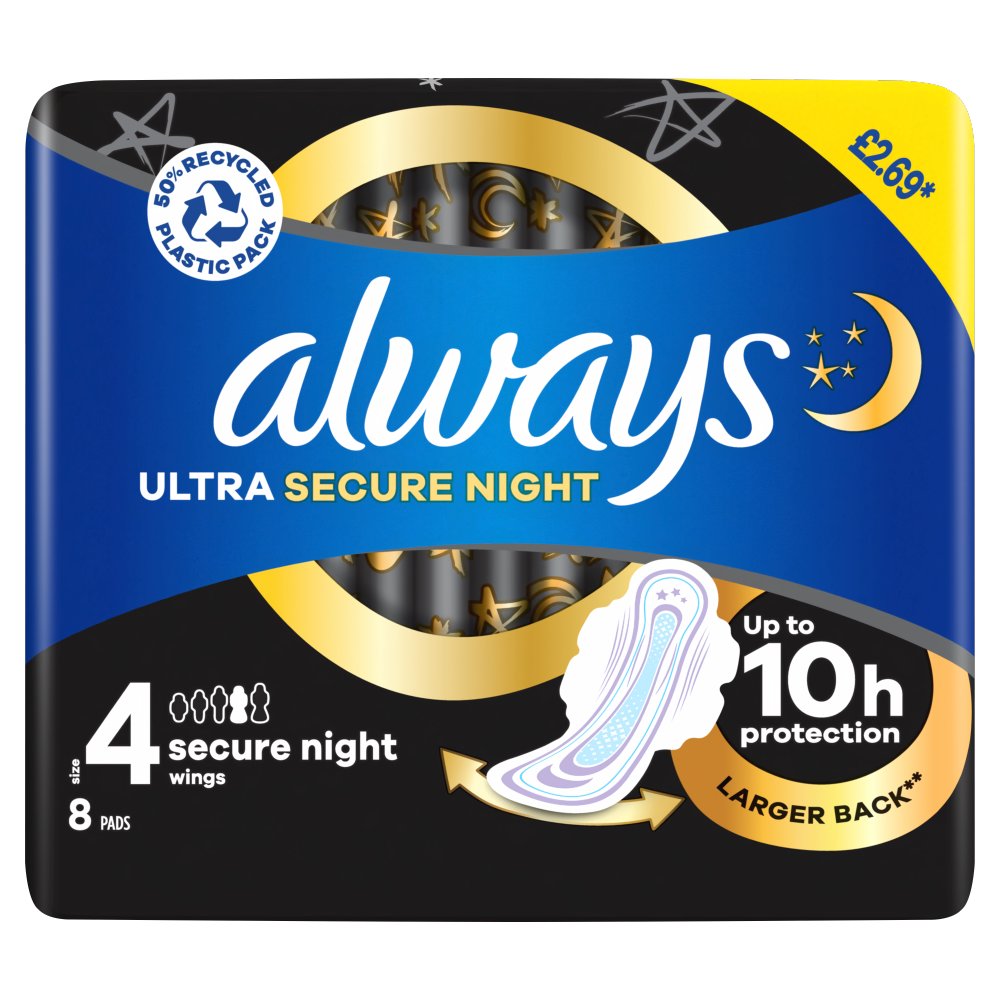 Always Ultra Sanitary Towels Secure Night (Size 4) With Wings 8 Pads