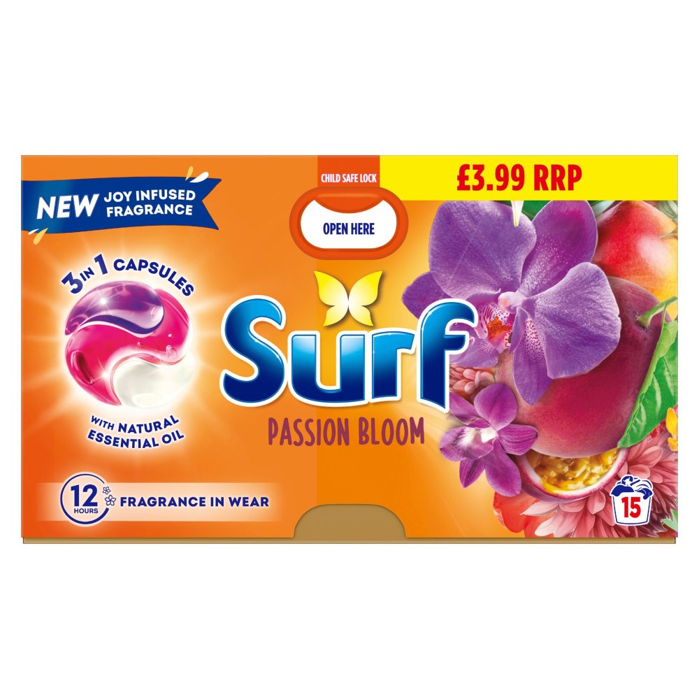 Surf 3 in 1 Laundry Washing Detergent Capsules Passion Bloom 15 washes